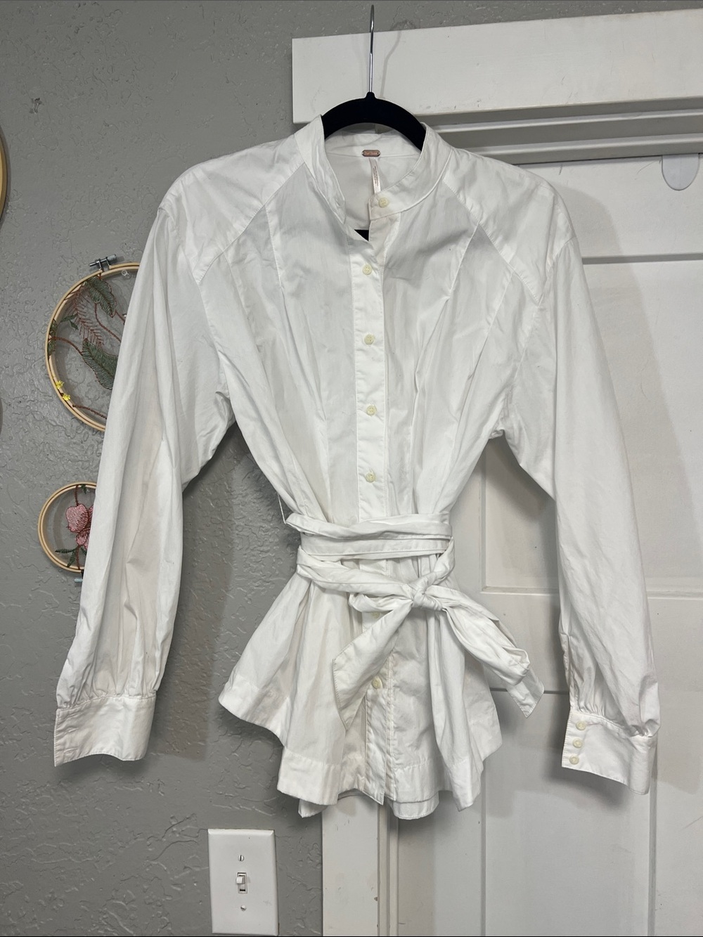 FREE PEOPLE WOMEN’S WHITE ABBEY BUTTON UP LONG SLEEVE COTTON SHIRT WRAP TIE XS
